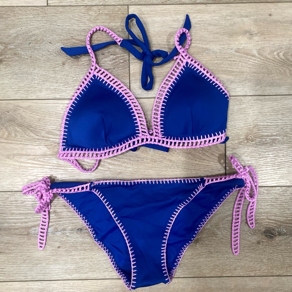 Blue and Pink Crochet Trim Bikini